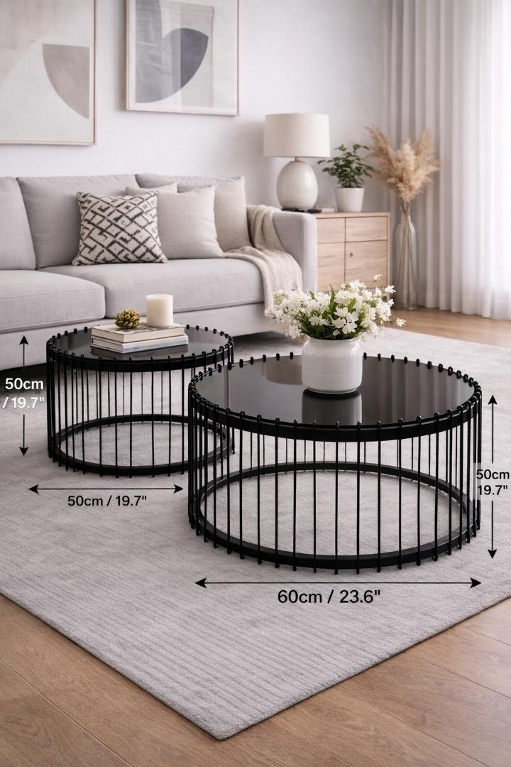 Modern Round Black Wire Frame Nesting Coffee Table Set of 2 – Smoked Glass Top