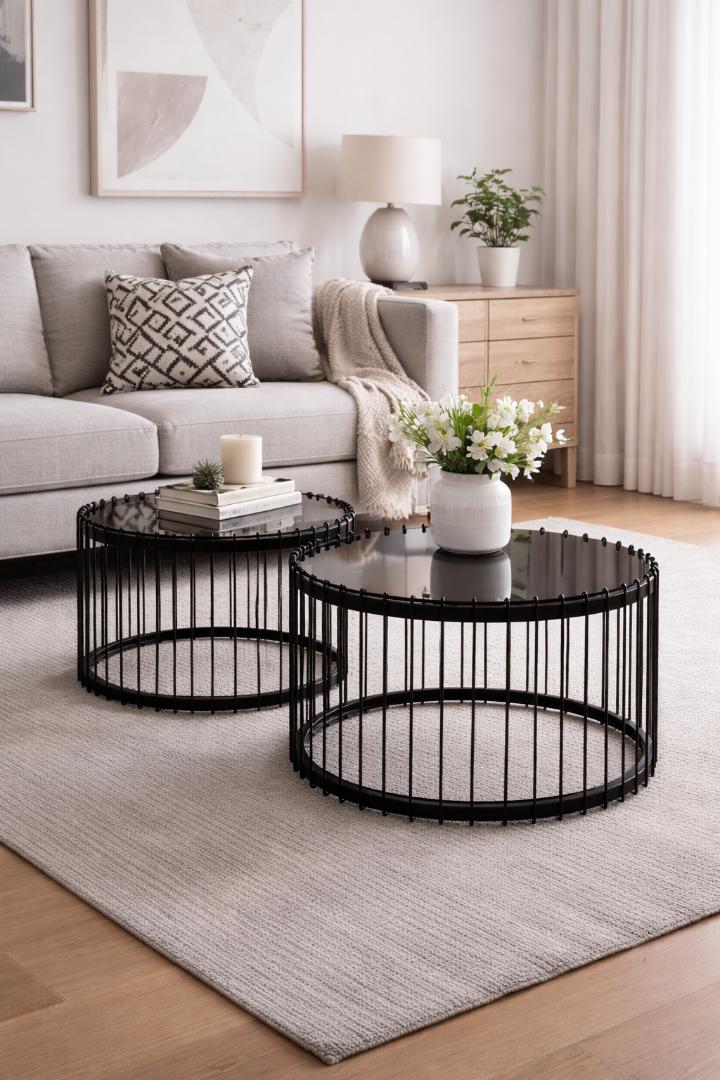 Modern Round Black Wire Frame Nesting Coffee Table Set of 2 – Smoked Glass Top