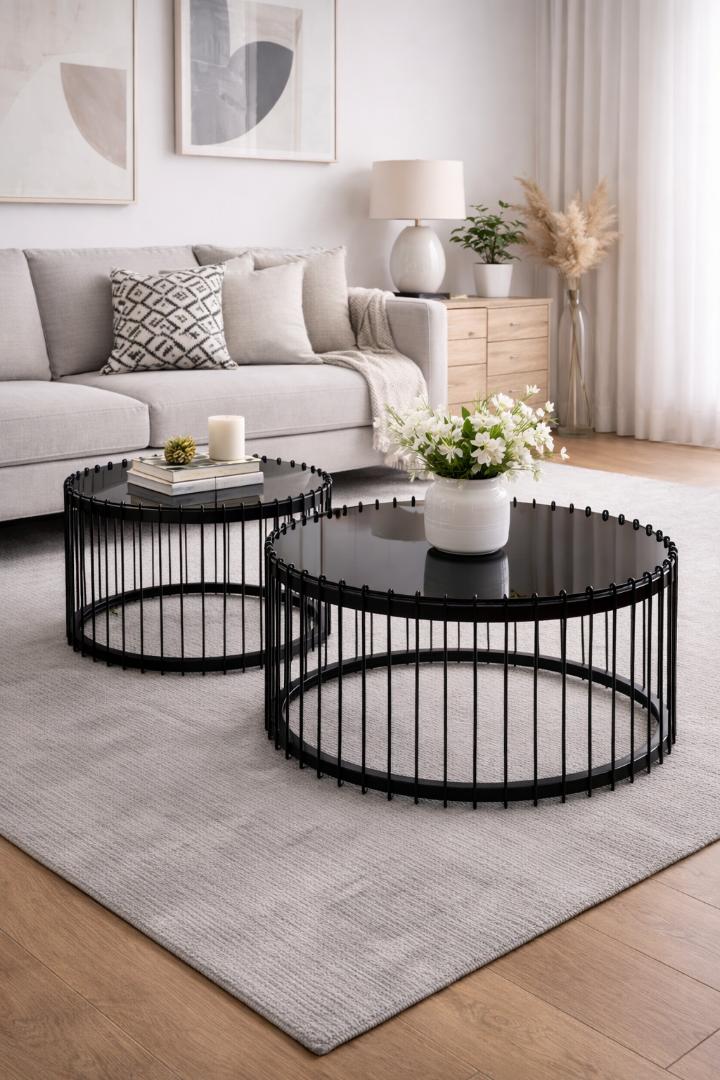 Modern Round Black Wire Frame Nesting Coffee Table Set of 2 – Smoked Glass Top