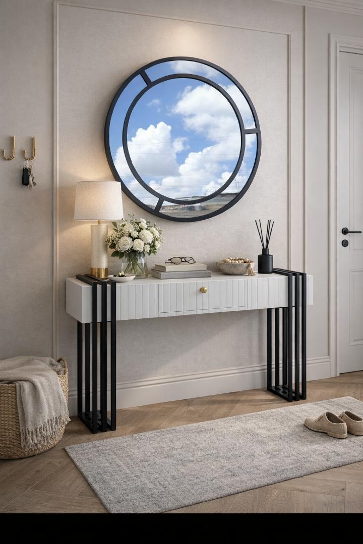 Modern Entryway Console Table with Round Mirror