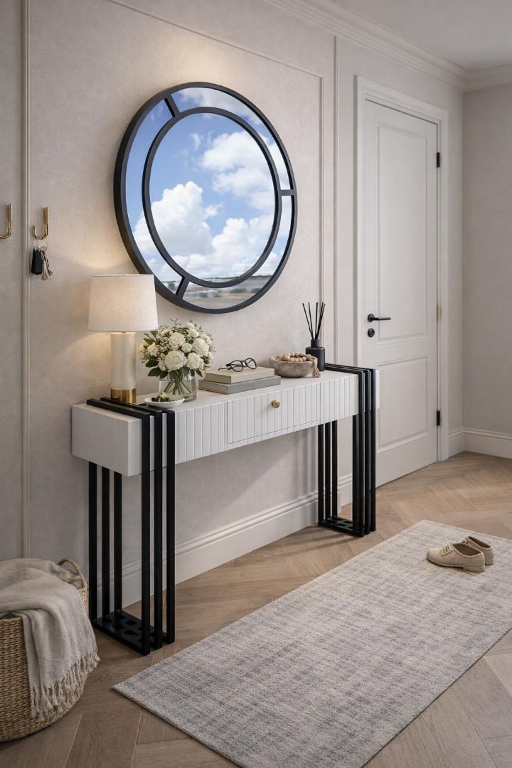 Modern Entryway Console Table with Round Mirror