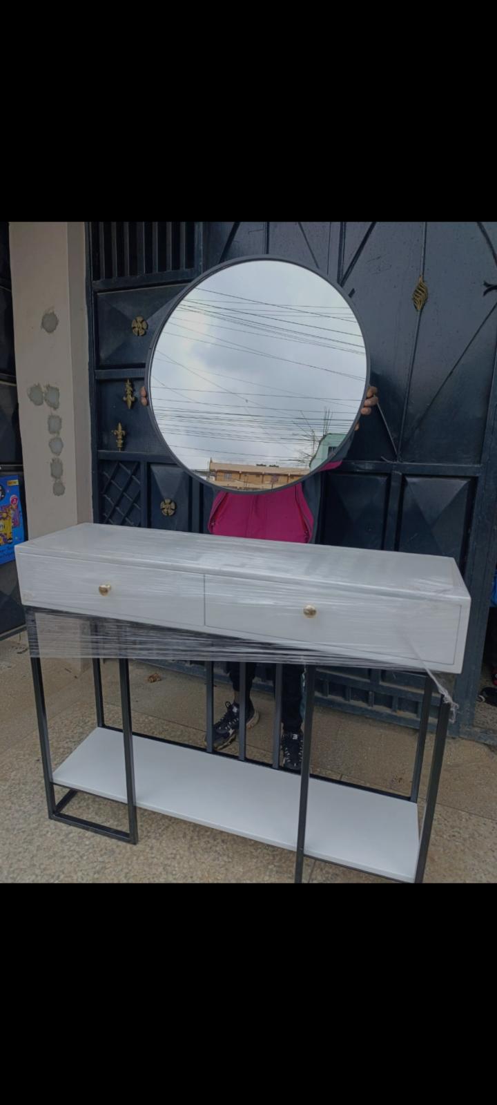 Elegant 2-Drawer Console Table with Round Wall Mirror Set (100x35x90cm)