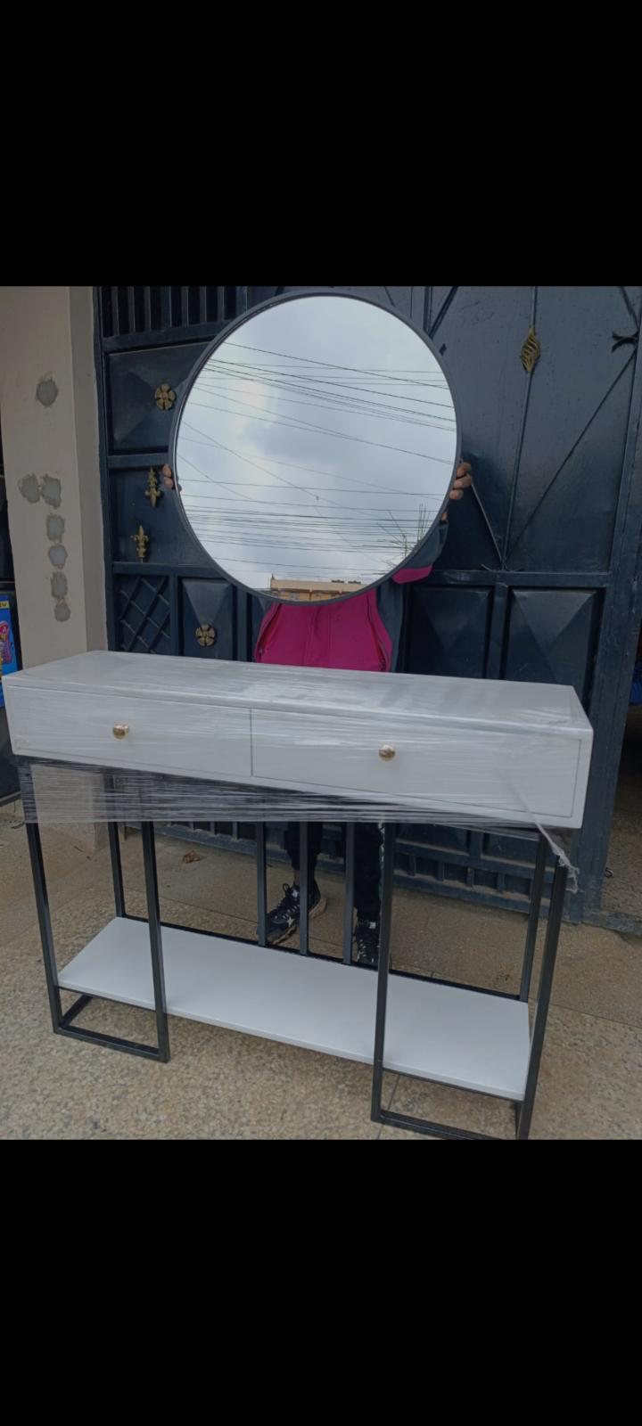 Elegant 2-Drawer Console Table with Round Wall Mirror Set (100x35x90cm)