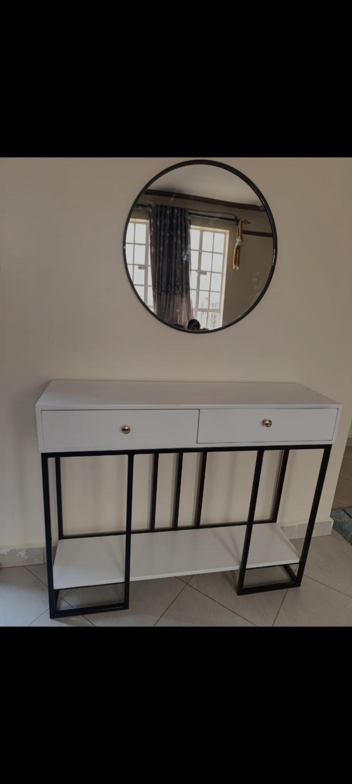 Elegant 2-Drawer Console Table with Round Wall Mirror Set (100x35x90cm)