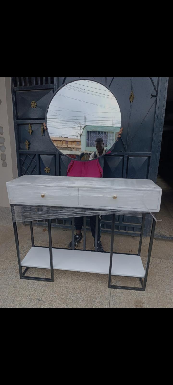Elegant 2-Drawer Console Table with Round Wall Mirror Set (100x35x90cm)