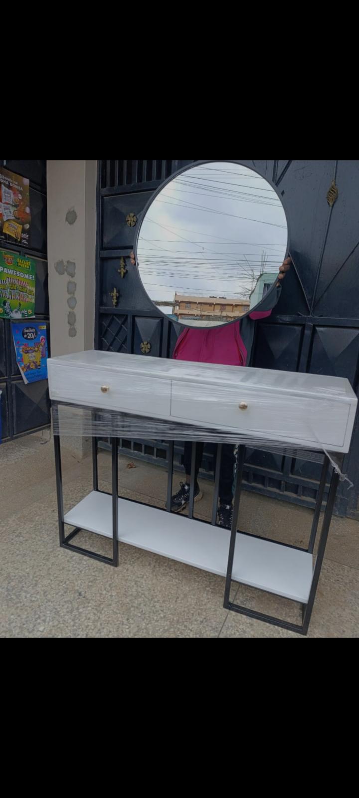 Elegant 2-Drawer Console Table with Round Wall Mirror Set (100x35x90cm)