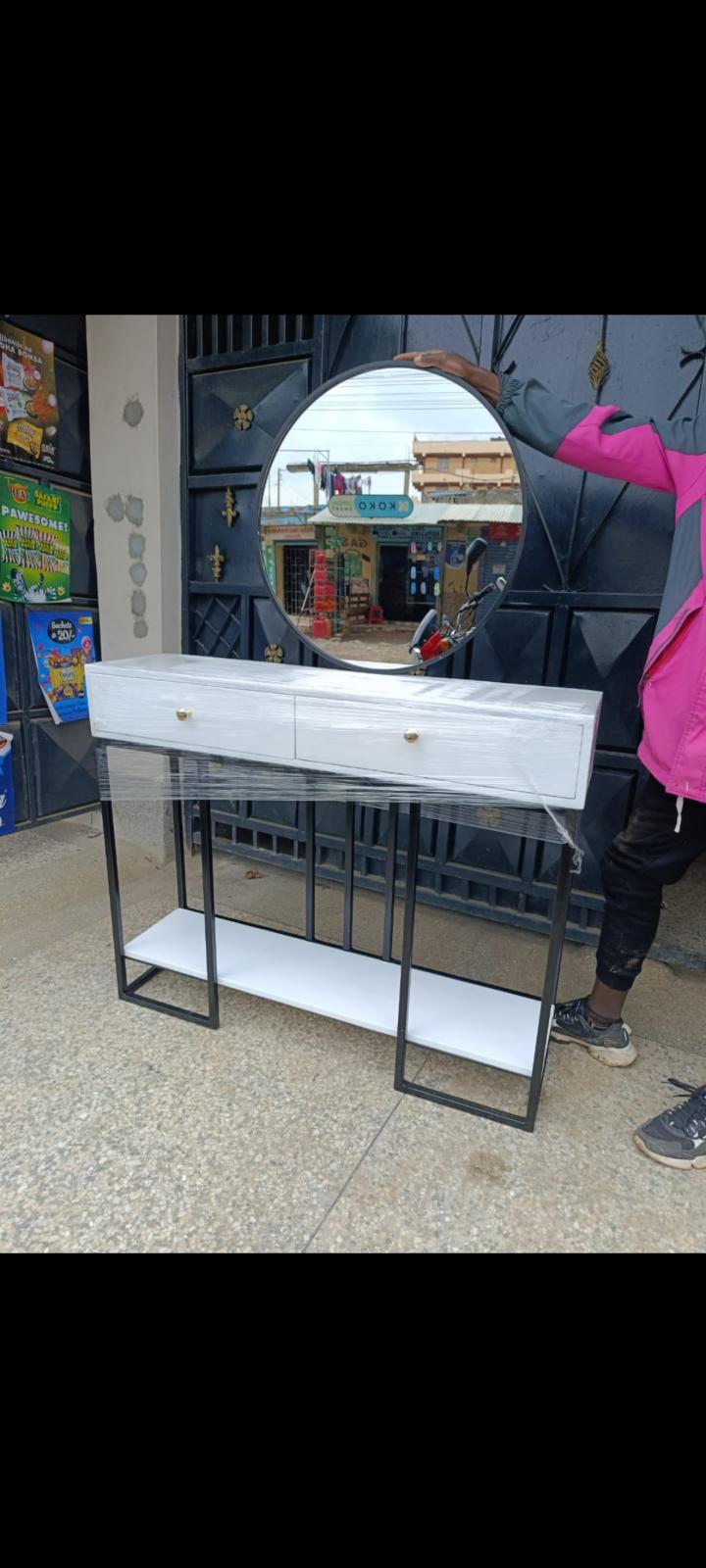 Elegant 2-Drawer Console Table with Round Wall Mirror Set (100x35x90cm)