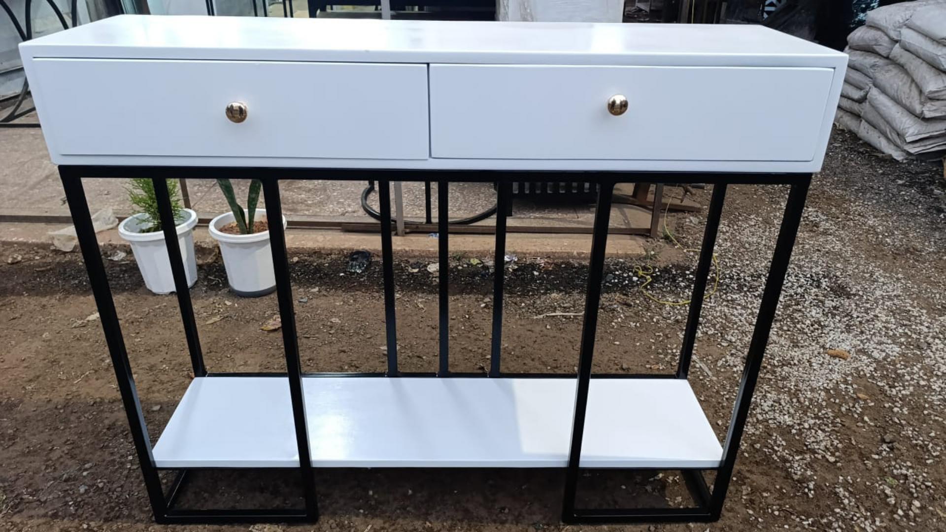 Elegant 2-Drawer Console Table with Round Wall Mirror Set (100x35x90cm)