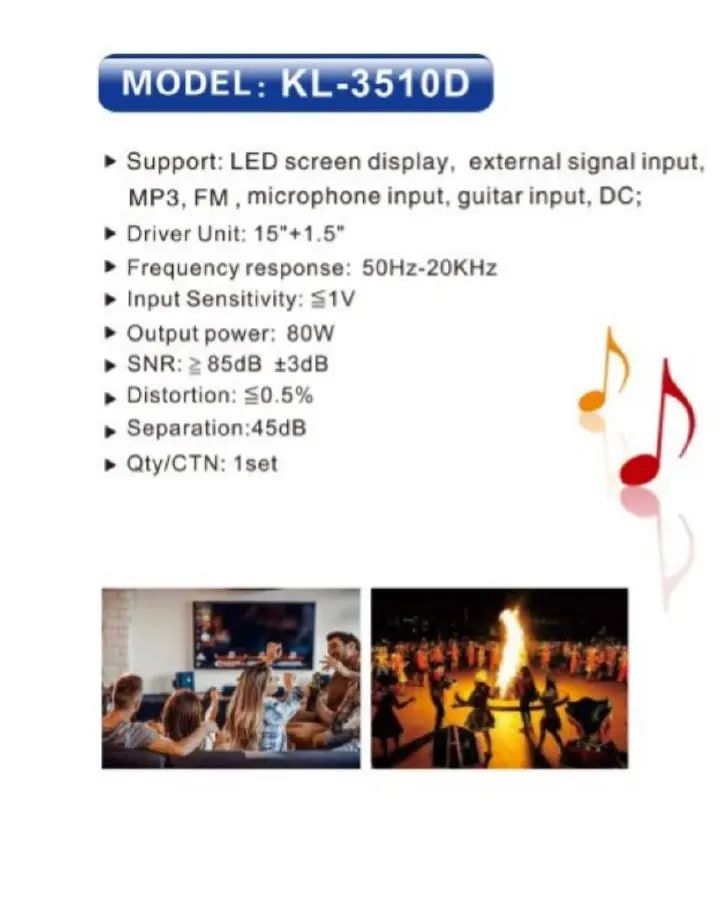 AILIPU KL-3510D 15-Inch Rechargeable Speaker with LED Display & Dual Wireless Microphones – 80000W.