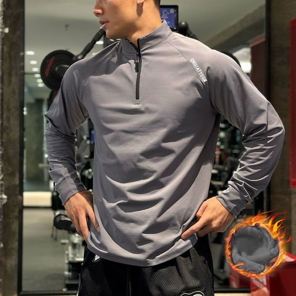 Fitness long sleeved fleece-lined men's loose elastic half zipper sports T-shirt American running spring and autumn basketball training cycling suit