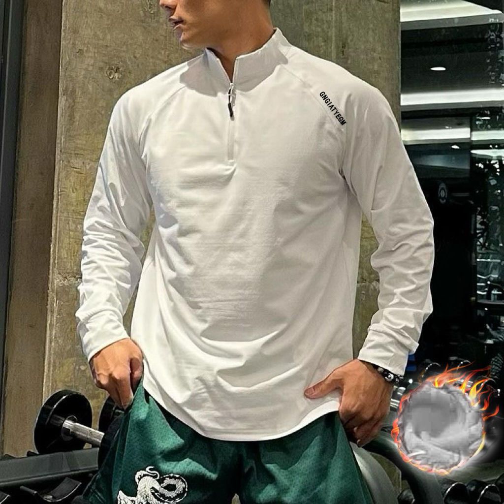 Fitness long sleeved fleece-lined men's loose elastic half zipper sports T-shirt American running spring and autumn basketball training cycling suit