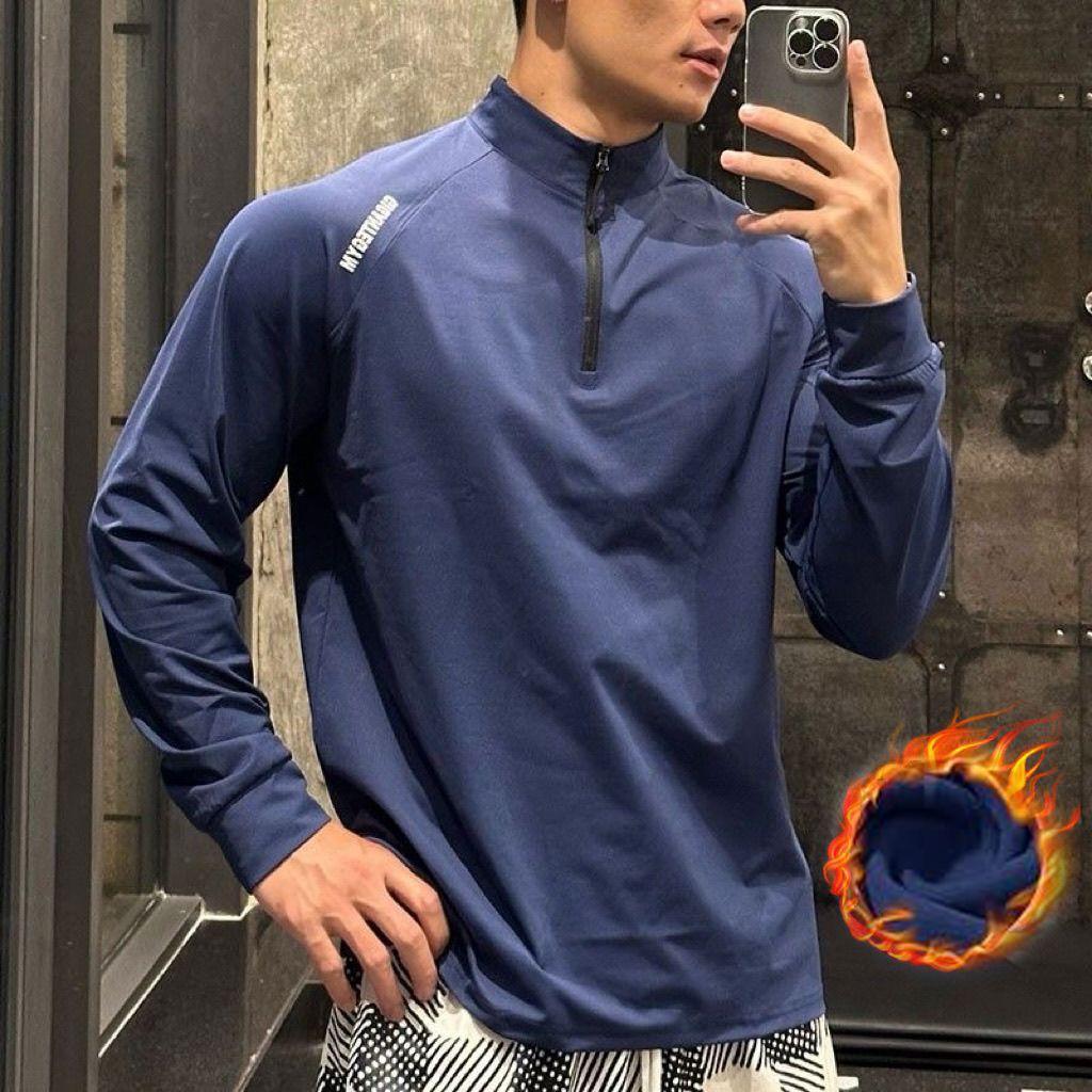 Fitness long sleeved fleece-lined men's loose elastic half zipper sports T-shirt American running spring and autumn basketball training cycling suit