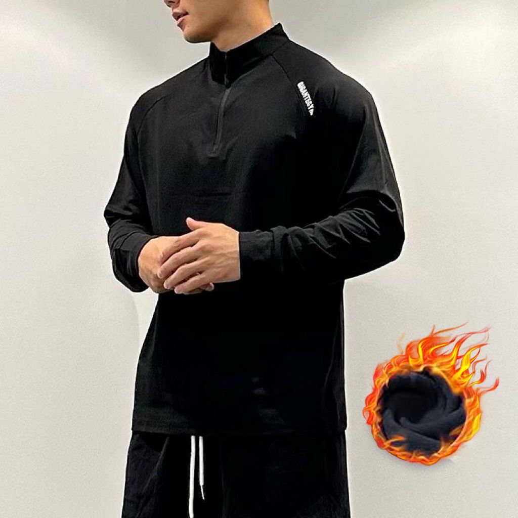 Fitness long sleeved fleece-lined men's loose elastic half zipper sports T-shirt American running spring and autumn basketball training cycling suit