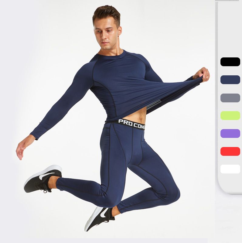 Men's Sports Running Workout Set Compression Shirt Pants Top Long Sleeve Sports Tight Base Layer Quick Dry
