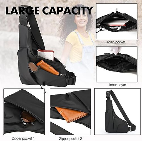 Sling Bag for Women Men, Anti Theft Crossbody Bag,Lightweight Small Leather Shoulder Bag Purse Adjustable Strap Waterproof Chest Bag for Casual Outdoor Sport Running Travel Backpack Black Fanny Pack