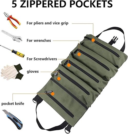 Tool Bag Roll Up, Rollable Carrying Toolbag, Heavt Duty Tool Organizer Portable Tool Storage Bags Waterproof Oxford Cloth-Zipper Pouch for Men Mechanic, Electricians, Repairman