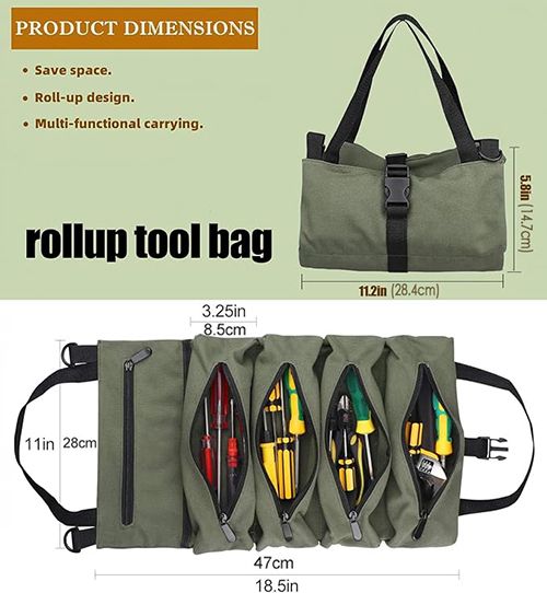 Tool Bag Roll Up, Rollable Carrying Toolbag, Heavt Duty Tool Organizer Portable Tool Storage Bags Waterproof Oxford Cloth-Zipper Pouch for Men Mechanic, Electricians, Repairman