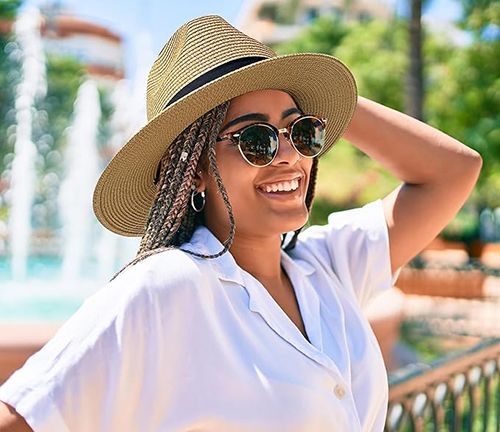 Women Wide Brim Straw Panama Roll up Hat Fedora Beach Sun Hat UPF50+ Foldable