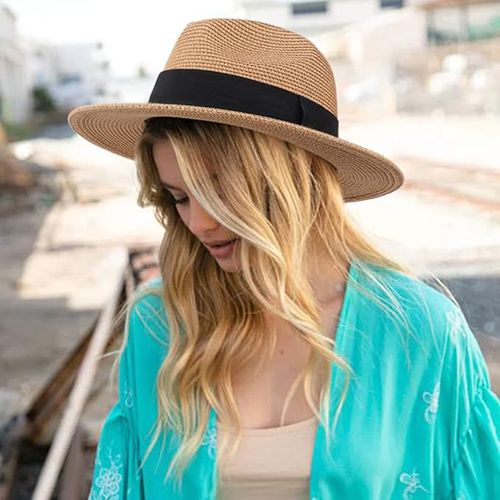 Women Wide Brim Straw Panama Roll up Hat Fedora Beach Sun Hat UPF50+ Foldable