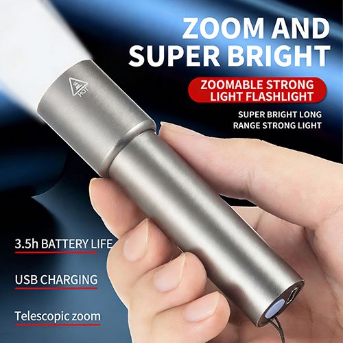 Mini USB Rechargeable Flashlight: Stainless Steel Body, Zoomable Focus, 3-Level Brightness, Water Resistant – Ideal for Camping, Hiking, Night Walking, Cycling & Emergency Use for Outdoor Enthusiasts