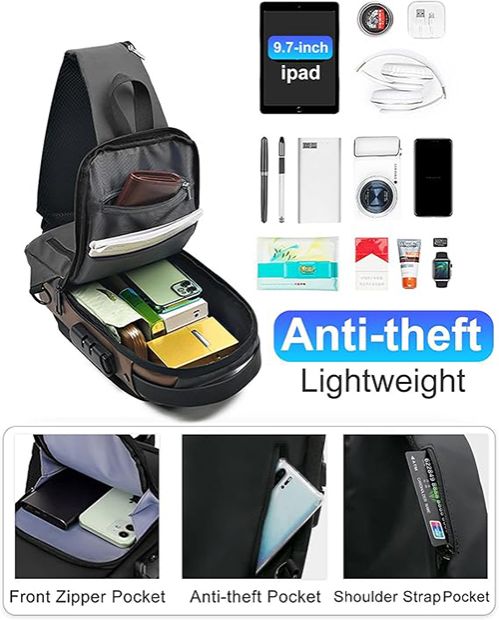 Men's Sling Backpack with USB Charging Port & Anti-Theft Lock: Waterproof Nano Fabric, Reflective Strap – Ideal for Commuting, Travel, Work & Outdoor Activities for Modern Men