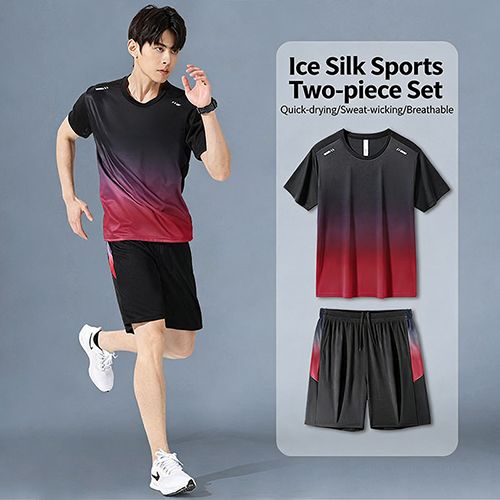 Men's Ice Silk Gradient Sports Set: Quick Dry, Breathable, Lightweight 2-Piece T-Shirt & Shorts – Ideal for Running, Basketball, Gym, Fitness & Outdoor Activities for Active Men