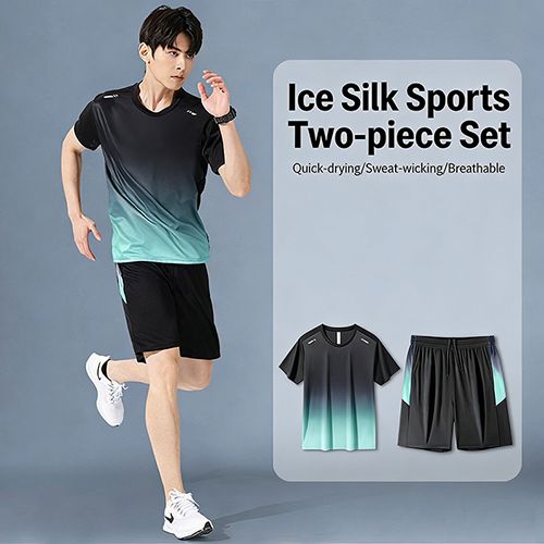Men's Ice Silk Gradient Sports Set: Quick Dry, Breathable, Lightweight 2-Piece T-Shirt & Shorts – Ideal for Running, Basketball, Gym, Fitness & Outdoor Activities for Active Men
