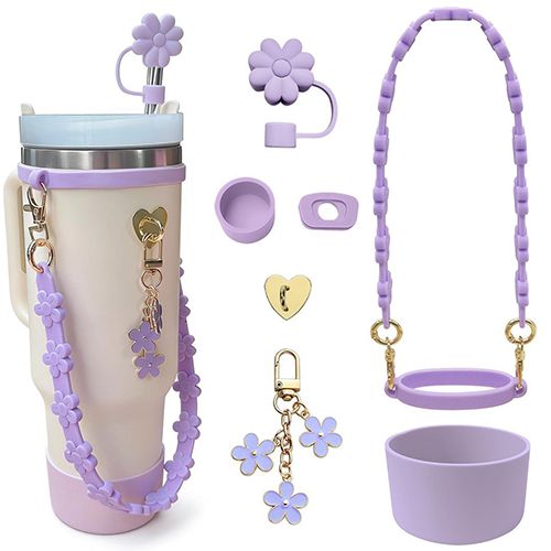 8pcs Accessories Set 2 Spill Proof Stopper ，1 straw cover, 1 heart-shaped gold patch, 1 silicone rope, 1 silicone ring, and 1 baseand 1 Flower Charm Chain for Stanley Cup