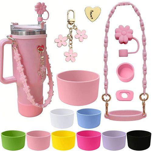8pcs Accessories Set 2 Spill Proof Stopper ，1 straw cover, 1 heart-shaped gold patch, 1 silicone rope, 1 silicone ring, and 1 baseand 1 Flower Charm Chain for Stanley Cup