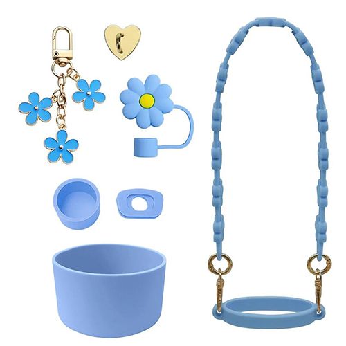 8pcs Accessories Set 2 Spill Proof Stopper ，1 straw cover, 1 heart-shaped gold patch, 1 silicone rope, 1 silicone ring, and 1 baseand 1 Flower Charm Chain for Stanley Cup