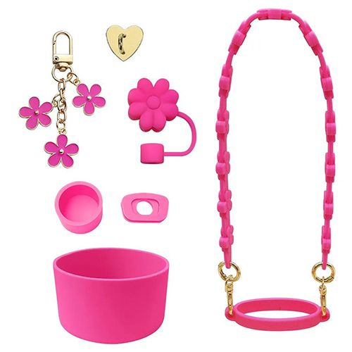 8pcs Accessories Set 2 Spill Proof Stopper ，1 straw cover, 1 heart-shaped gold patch, 1 silicone rope, 1 silicone ring, and 1 baseand 1 Flower Charm Chain for Stanley Cup
