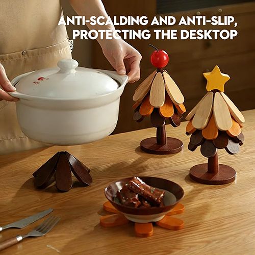 Wooden Tree Trivet Set, Foldable 3/4/5 Pcs Non-Slip Heat Resistant Trivets with Christmas Stand, Handcrafted Eco-Friendly Trivets for Hot Dishes Pots Bowls Teapots, Hot Pads Kitchen Decor