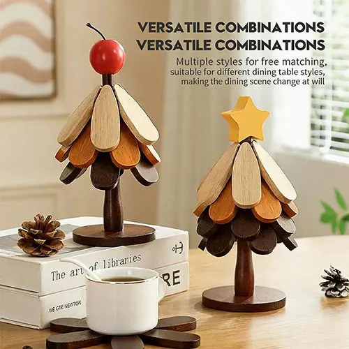 Wooden Tree Trivet Set, Foldable 3/4/5 Pcs Non-Slip Heat Resistant Trivets with Christmas Stand, Handcrafted Eco-Friendly Trivets for Hot Dishes Pots Bowls Teapots, Hot Pads Kitchen Decor