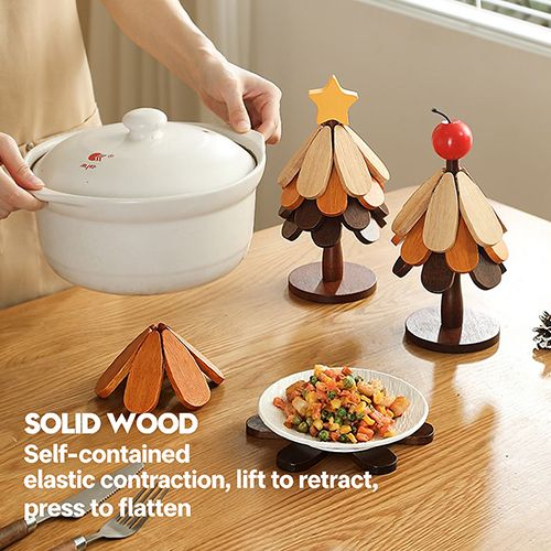 Wooden Tree Trivet Set, Foldable 3/4/5 Pcs Non-Slip Heat Resistant Trivets with Christmas Stand, Handcrafted Eco-Friendly Trivets for Hot Dishes Pots Bowls Teapots, Hot Pads Kitchen Decor