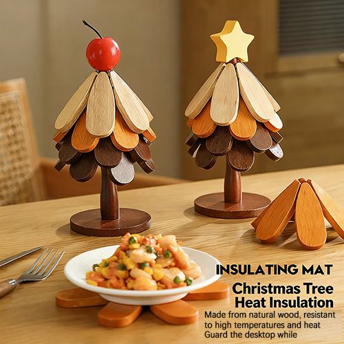 Wooden Tree Trivet Set, Foldable 3/4/5 Pcs Non-Slip Heat Resistant Trivets with Christmas Stand, Handcrafted Eco-Friendly Trivets for Hot Dishes Pots Bowls Teapots, Hot Pads Kitchen Decor