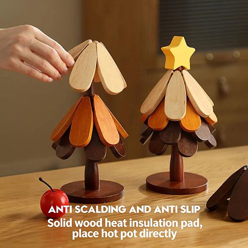 Wooden Tree Trivet Set, Foldable 3/4/5 Pcs Non-Slip Heat Resistant Trivets with Christmas Stand, Handcrafted Eco-Friendly Trivets for Hot Dishes Pots Bowls Teapots, Hot Pads Kitchen Decor