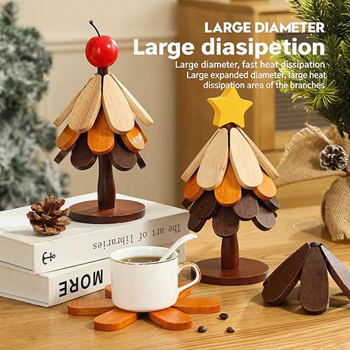 Wooden Tree Trivet Set, Foldable 3/4/5 Pcs Non-Slip Heat Resistant Trivets with Christmas Stand, Handcrafted Eco-Friendly Trivets for Hot Dishes Pots Bowls Teapots, Hot Pads Kitchen Decor