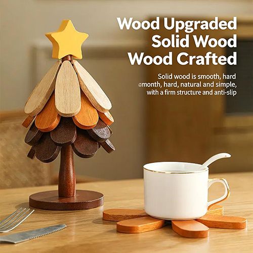 Wooden Tree Trivet Set, Foldable 3/4/5 Pcs Non-Slip Heat Resistant Trivets with Christmas Stand, Handcrafted Eco-Friendly Trivets for Hot Dishes Pots Bowls Teapots, Hot Pads Kitchen Decor