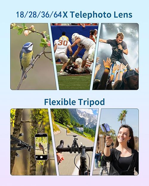 18/28/36/64X Telephoto Lens Kit for iPhone and Android Cell Phones, Long Focus Telephoto Phone Lens with Universal Clip, Suitable for Outdoor Picture Video Taking