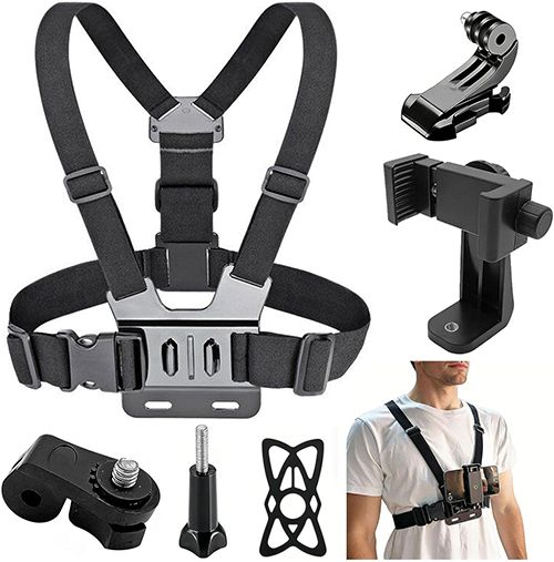 Adjustable Mobile Phone Chest Strap Harness Mount, Black, Compatible with iPhone, GoPro Hero, DJI Osmo Action Cameras（6-piece set）