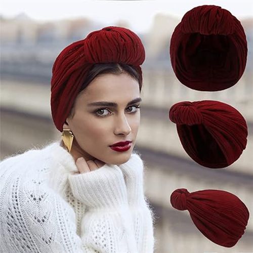 Women African Turban Hat Twist Pleated Head Wrap Boho Knot Pre-Tied Bonnet Beanie Cap Hair Loss Chemo Cap Jersey Head Scarf