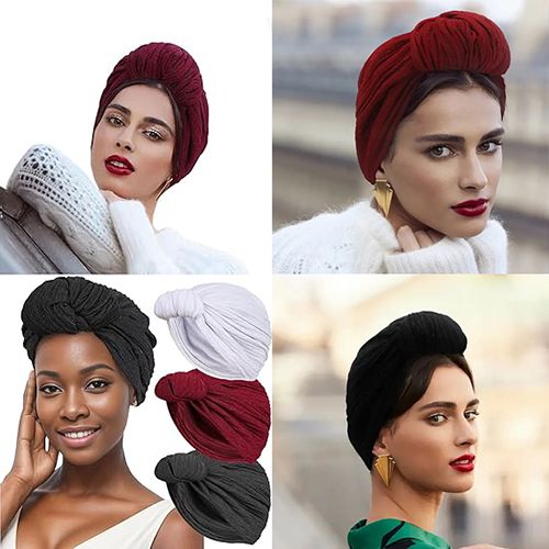 Women African Turban Hat Twist Pleated Head Wrap Boho Knot Pre-Tied Bonnet Beanie Cap Hair Loss Chemo Cap Jersey Head Scarf