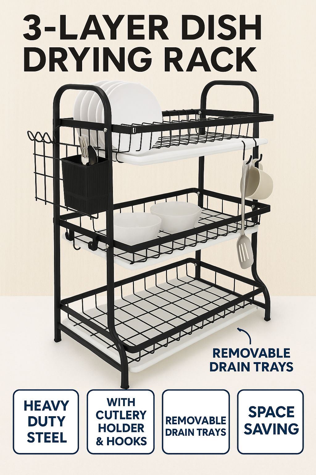 3-Tier Dish Drying Rack with Cutlery Holder & Hooks – Heavy Duty Steel Kitchen Organizer – Space Saving Storage for Plates, Bowls, Cups & Utensils – Anti-Rust with Drain Trays