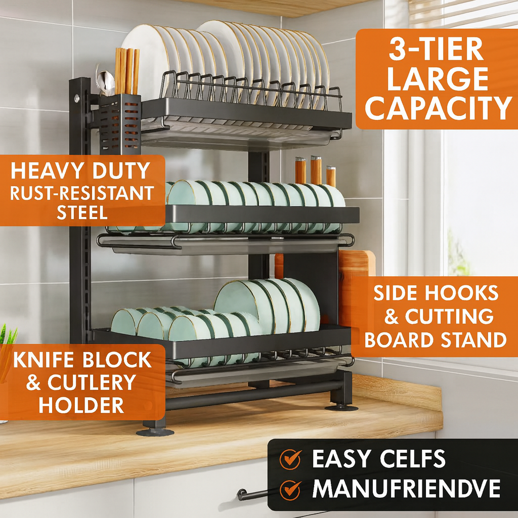 3-Tier Dish Drying Rack with Cutlery Holder & Hooks – Heavy Duty Steel Kitchen Organizer – Space Saving Storage for Plates, Bowls, Cups & Utensils – Anti-Rust with Drain Trays