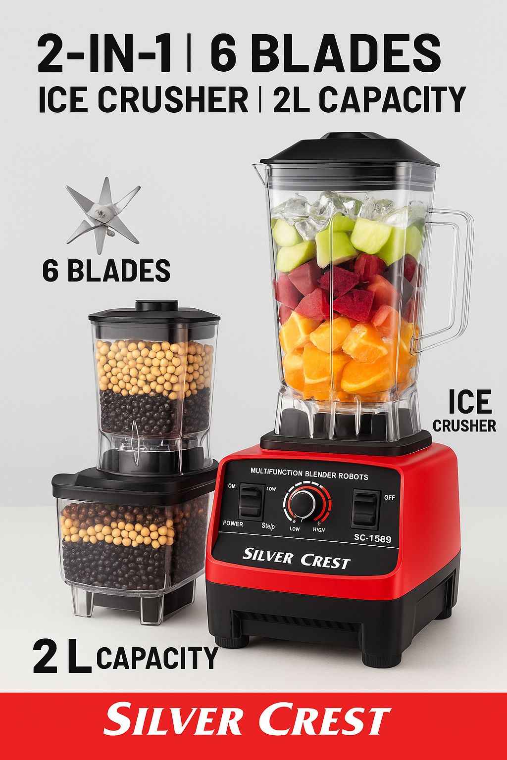 🔥 Silver Crest 2L Professional 2-in-1 Blender & Ice Crusher – Six Stainless Steel Blades, 2 Power Modes – Heavy Duty Smoothie Maker, Juicer, Grinder & Food Processor – 3000W High Performance