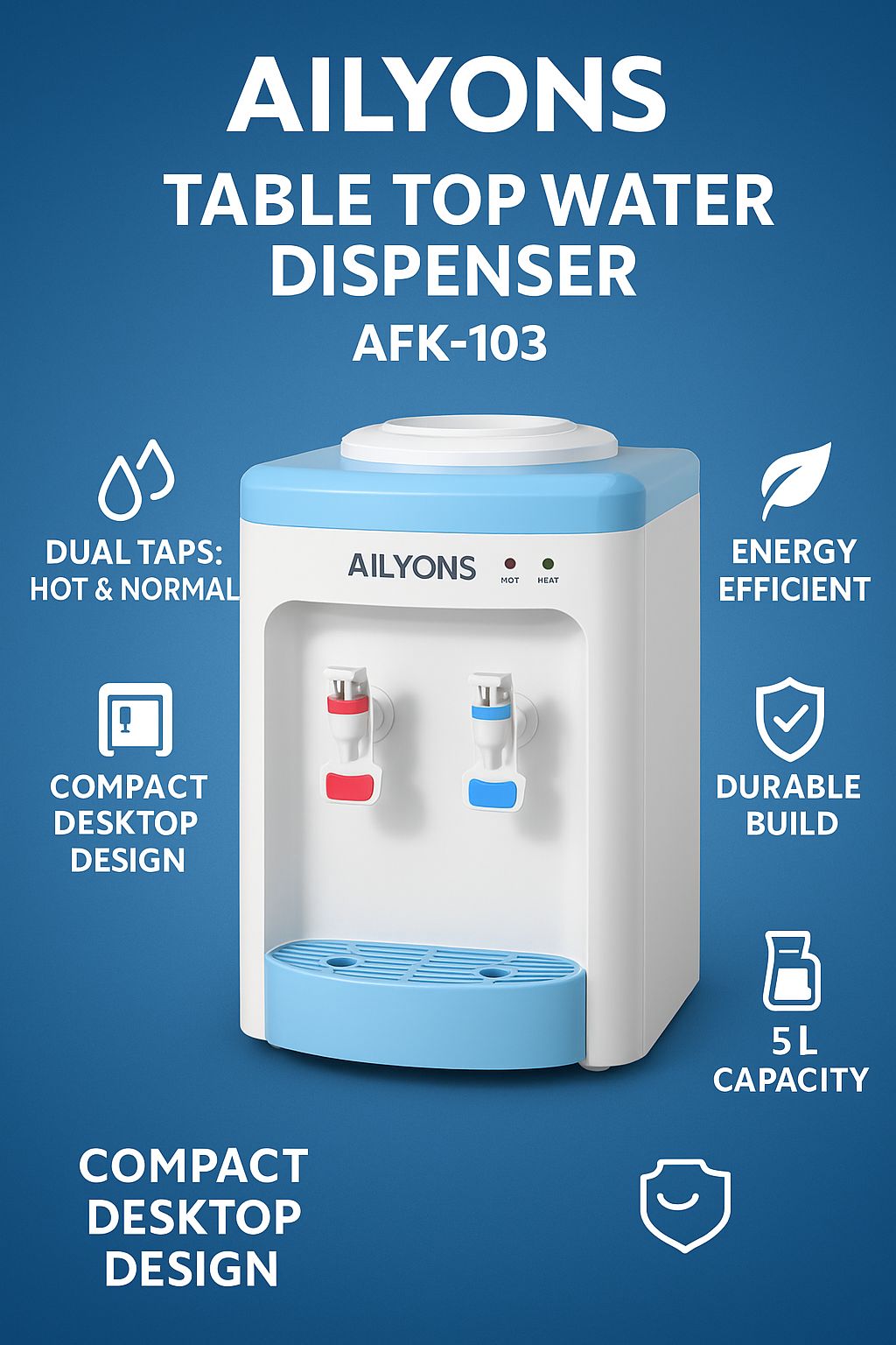 AILYONS AFK-103 Table Top Water Dispenser | Hot & Normal  | Compact Desktop Design | Easy to Use | Energy Saving | Office & Home Use