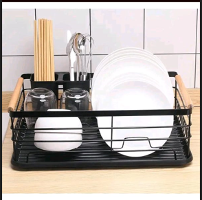 Premium Black Metal Dish Drying Rack with Wooden Handles – Large Kitchen Counter Organizer for Plates, Bowls, Cups, Utensils & Chopsticks, Rust-Resistant Drip Tray, Modern Space-Saver