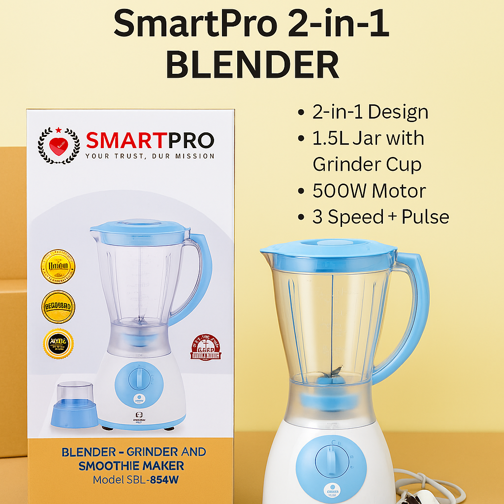 SmartPro 2-in-1 Blender – 1.5L Jar with Grinder Cup – 500W Powerful Motor, 3-Speed + Pulse, Auto Clean Function – Smoothie Maker & Multi-Purpose Food Processor
