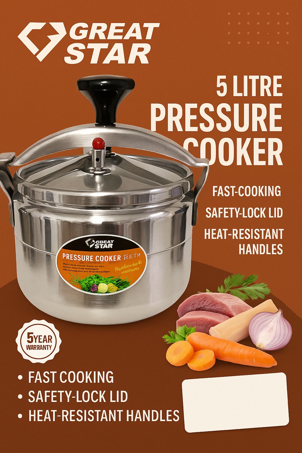 Great Star 5 L Aluminum Pressure Cooker – Fast Cooking, Energy-Efficient, Safety-Lock Lid, Heat-Resistant Handles, Ideal for Stews, Rice & Meat | 22 cm Family Size Cooker