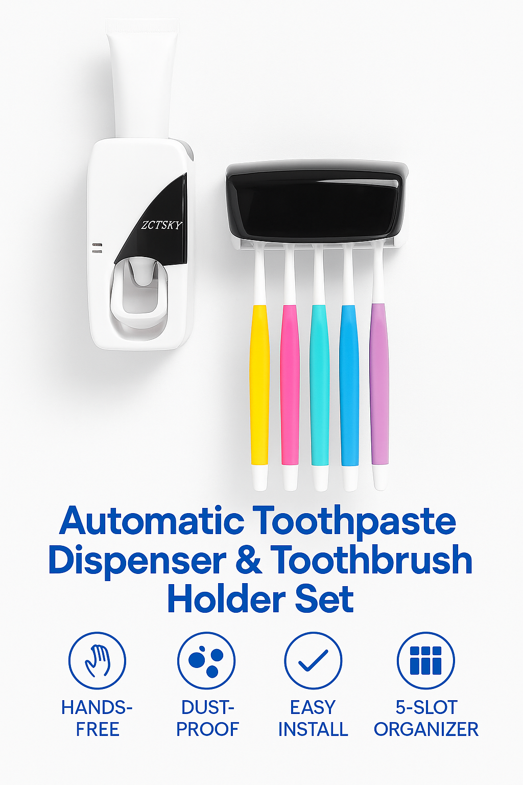 Automatic Toothpaste Dispenser & Toothbrush Holder Set – Hands-Free Hygienic Wall-Mount Design, Easy Install, Dust-Proof Cover, 5-Slot Family Organizer | ZGT SKY Model